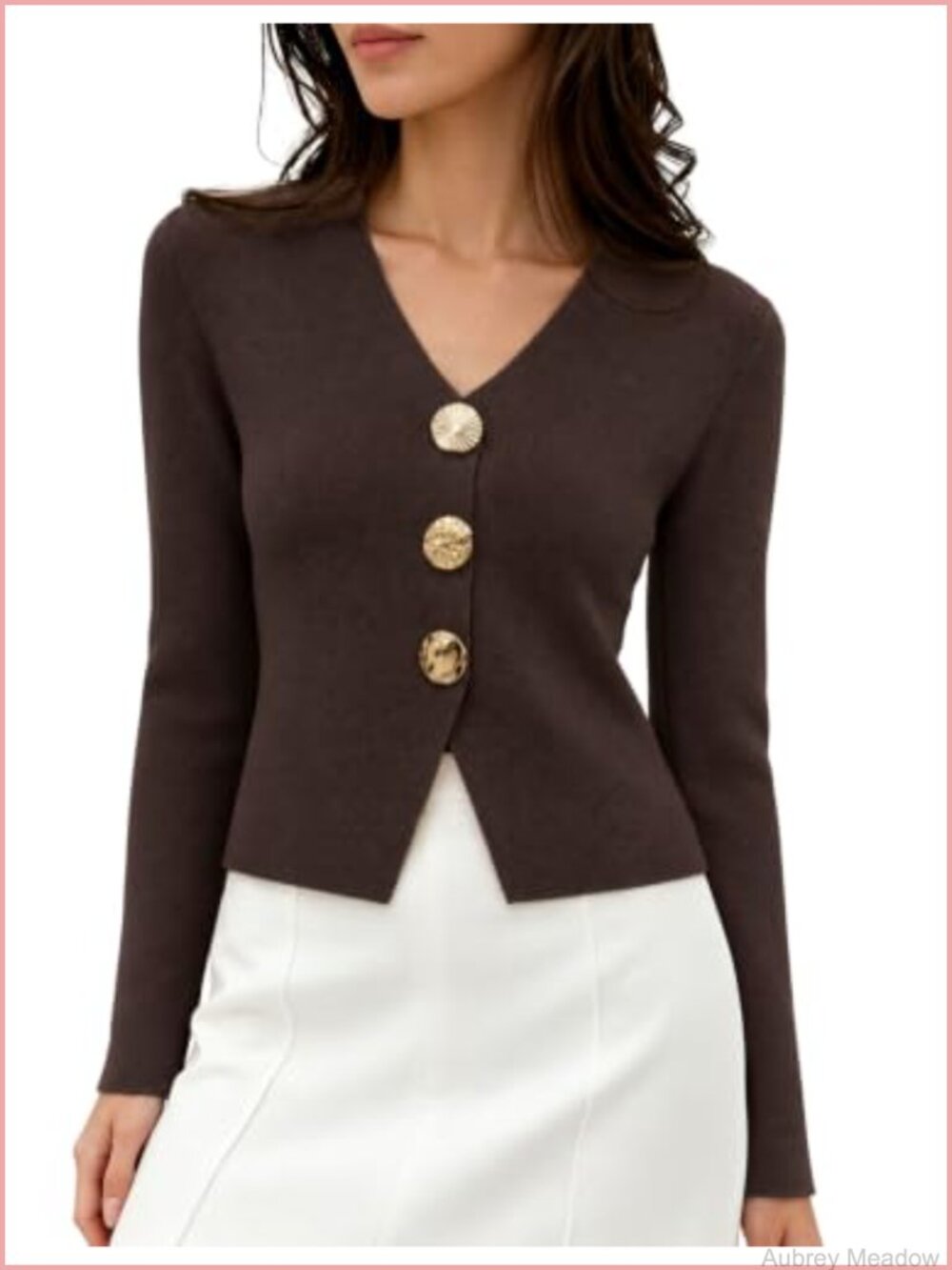Women's Cropped Gold Button V-Neck Long Sleeve Knit Cardigan